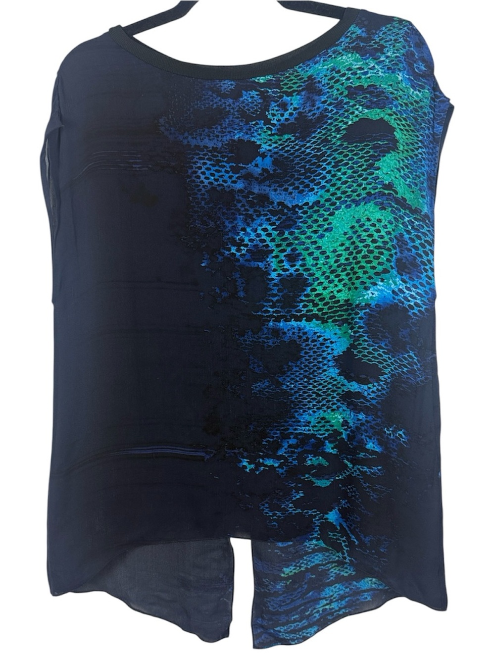 Elie Tahari Blue Green Snakeskin Print Silk Chiffon Blouse Medium Top